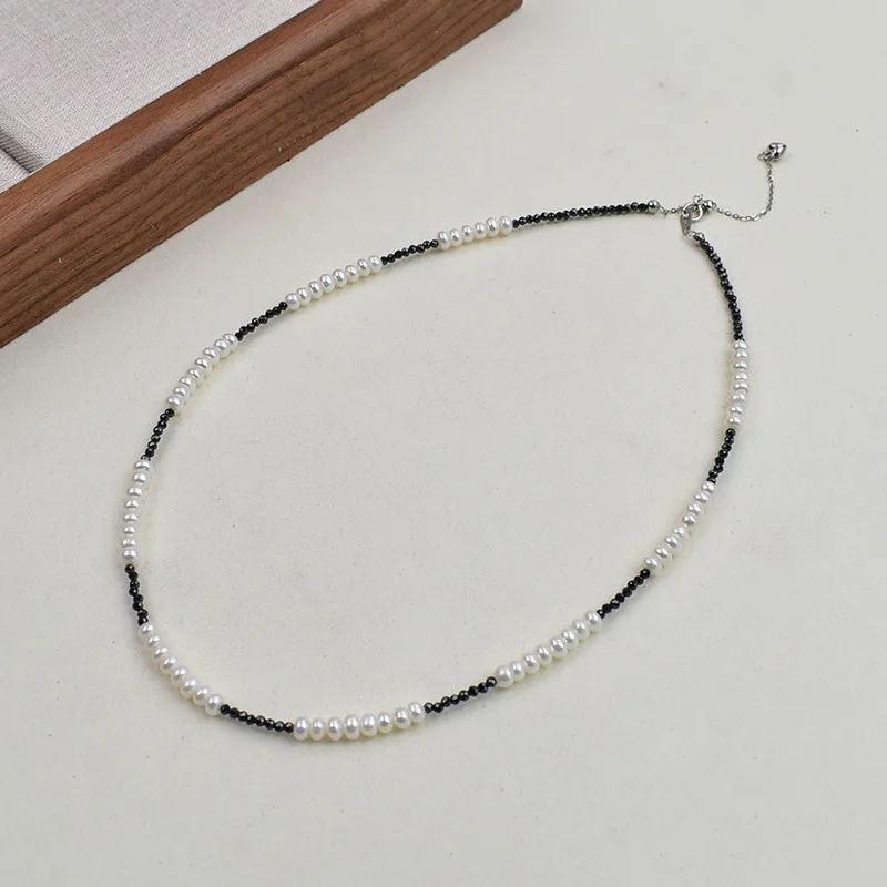 Natural Freshwater Female Black Zircon Jewelry Fashion String Hand Ring 925 Silver Pearl Bracelet