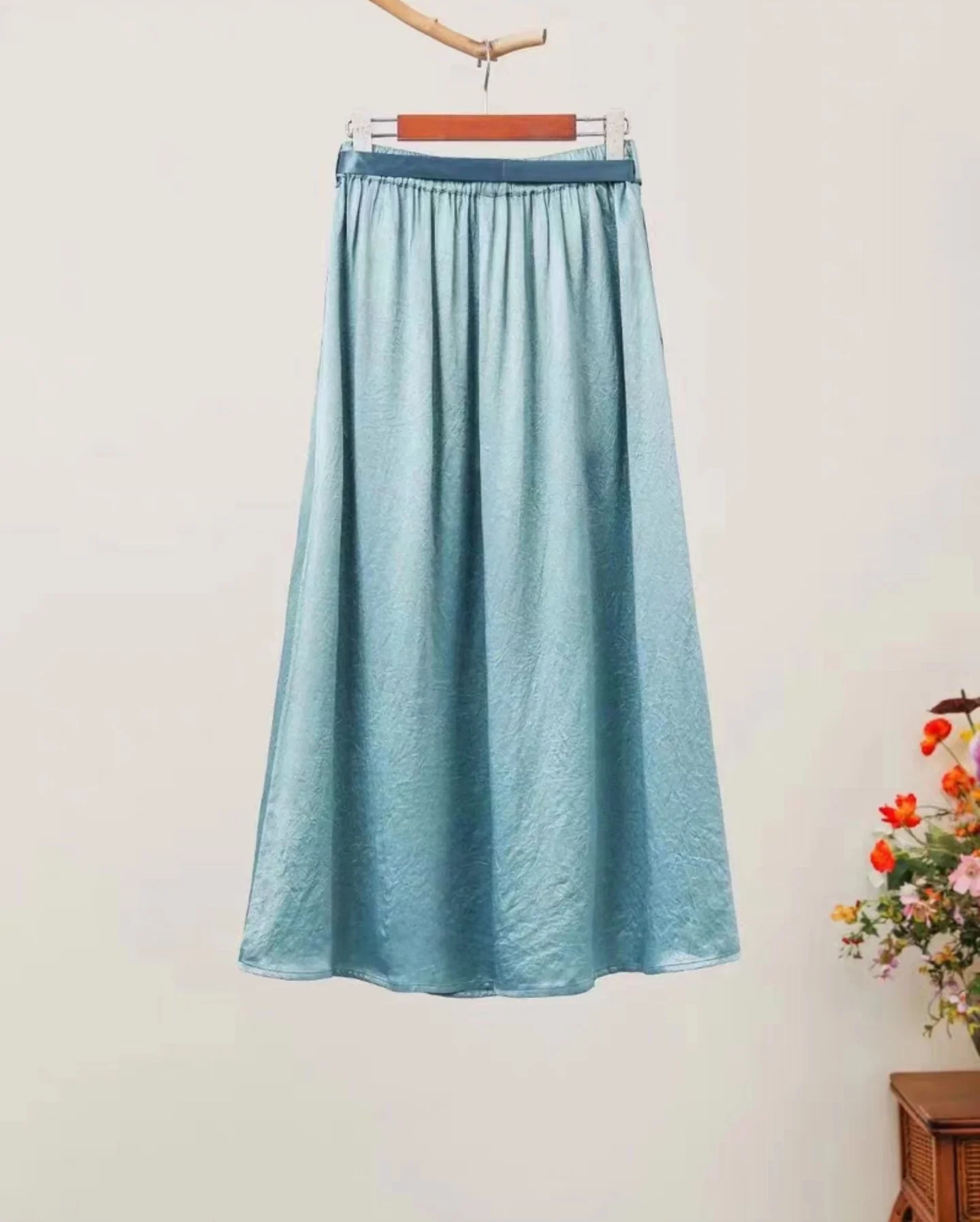 Spring Women's skirts light blue 100 acetate A-LINE long skirt Chinese style embroidery lace-up elastic waist skirts