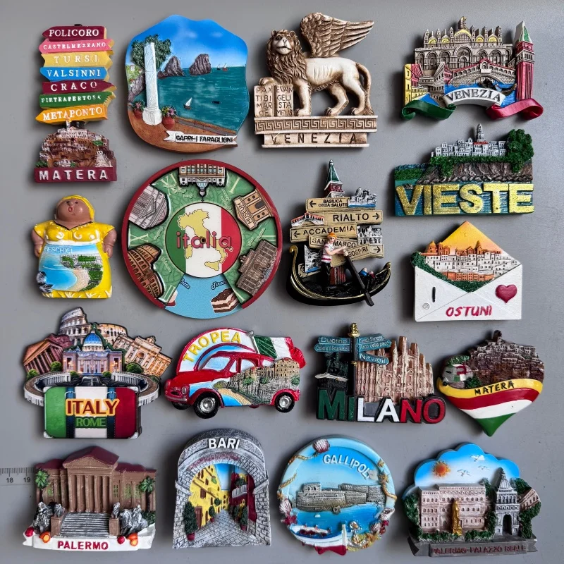Imanes de nevera de Italia: Matera, Venecia, Peschici, Vieste, Tropea, Milán, Palermo, Bari, Lecce - Souvenir turístico, pegatina magnética