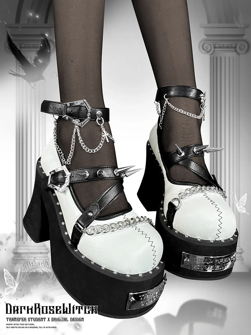 Original Punk Style Round Head Thick Bottom Platform Shoes Female Y2K Rivet High Heels Women Girls Leather Pumps