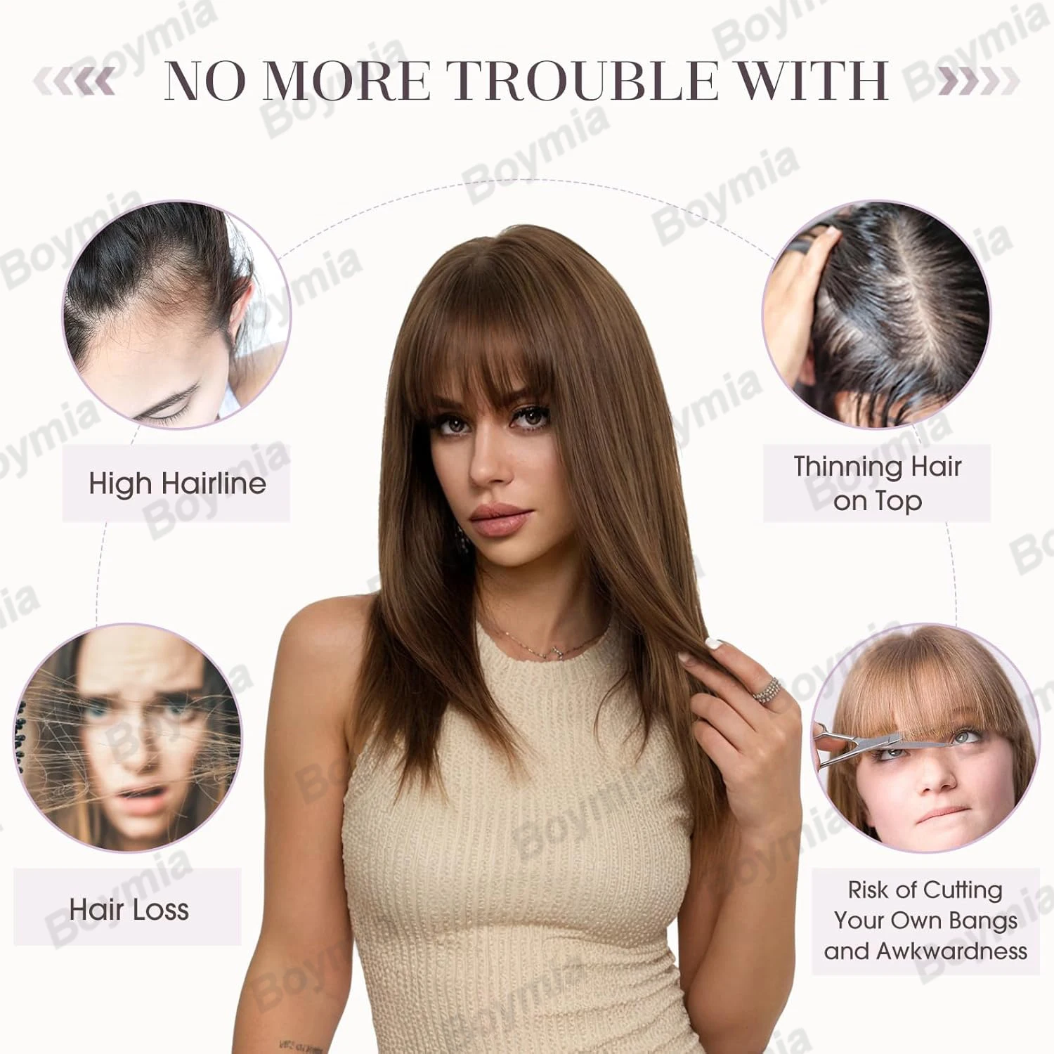 Topper Rambut Asli Manusia 100% dengan Poni, Jepit Rambut 3D Lace untuk Wanita, Menutupi Rambut Menipis dan Beruban