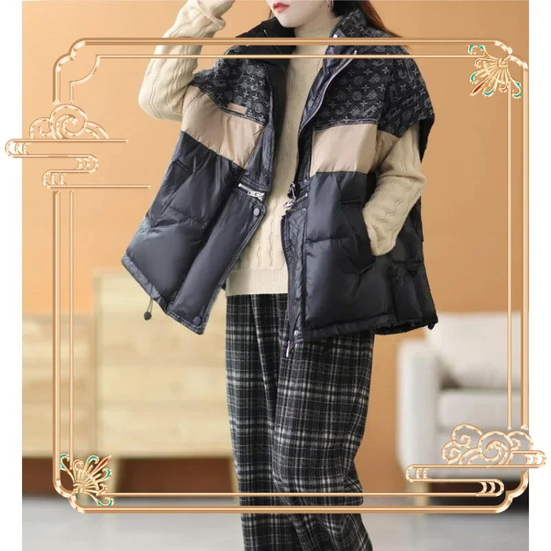 

2025Stand Up Collar Contrasting Down Vest Women's Short Loose and Fashionable White Duck Down Camisole Jacket Winter Coats Women
