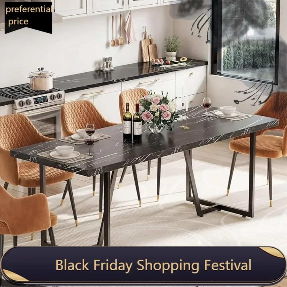 82.6'' Large Modern Dining Table for 8-10 People, Rectangular Black Kitchen Dining Room Table with Faux Marble