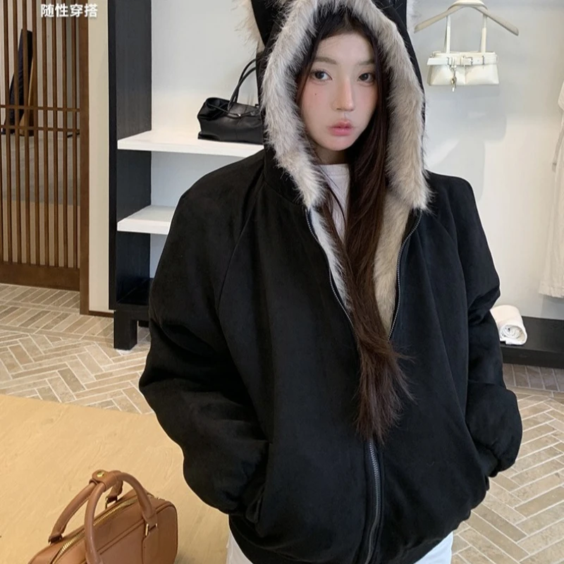 

American Harajuku Warm Jacket Mens and Womens Retro Plush Jacket New Loose Student Cotton Padded Jacket Female Outerwear Parkas