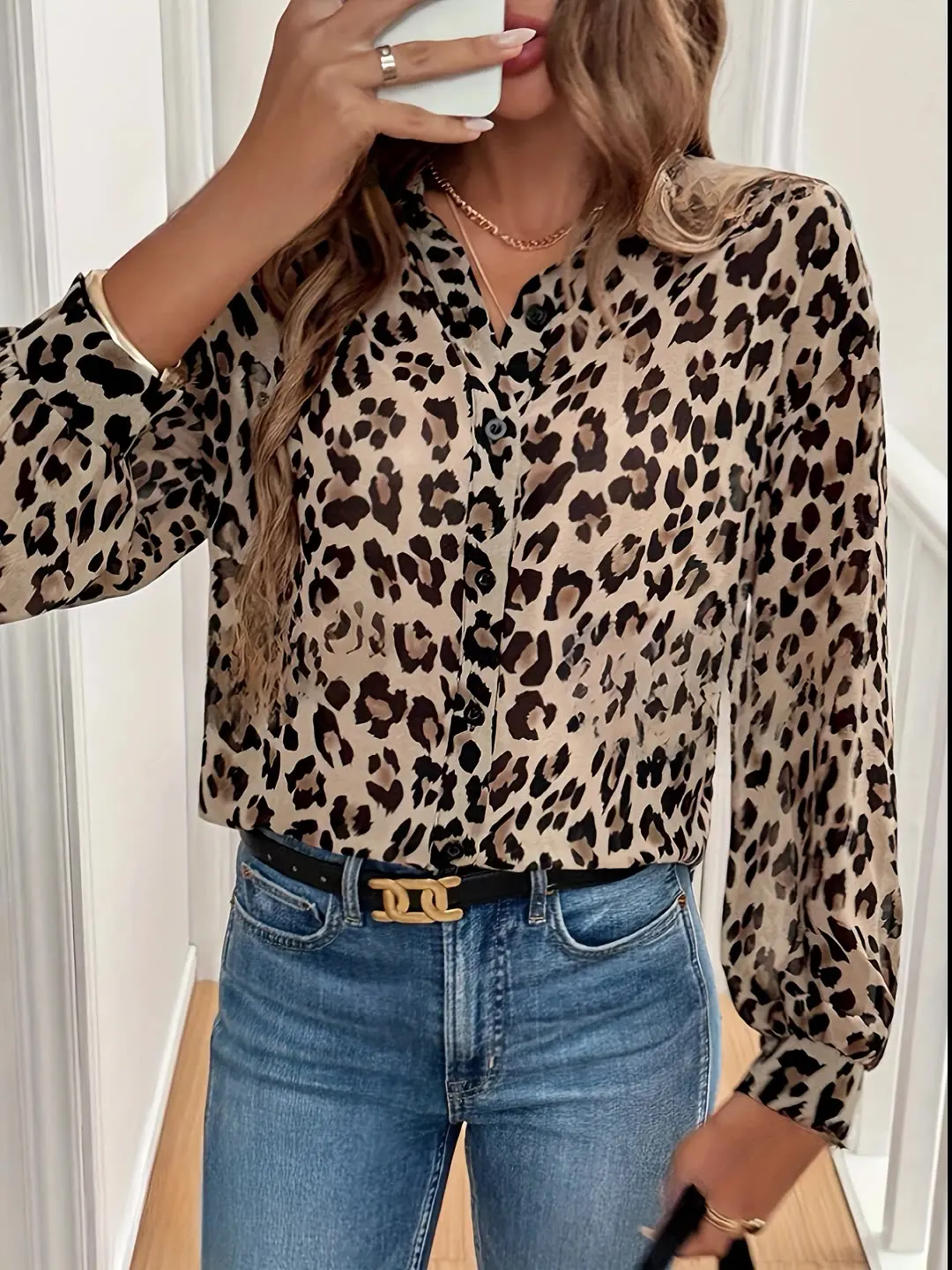 

Fashion Chic Leopard Print Shirt Women's Standing Collar Long Sleeved Top Spring Autumn Casual Shirt