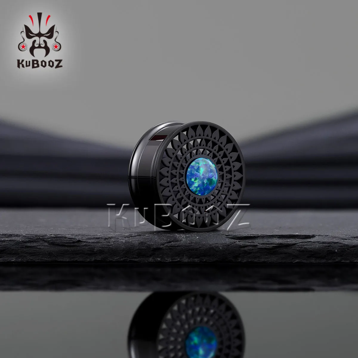 KUBOOZ Trendy Black Hollow Carved Ear Tunnels Gauges With Blue Gem Inlay Ear Plugs Stretchers Expanders Body Piercing Jewelry