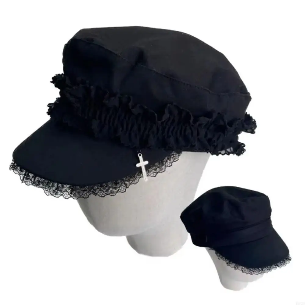 

Versatile Double Layer Lace Y2K Hat Girl Millennium Cool Black Lace Beret Caps Dark Design Cotton Outdoor Sun Hat Octagonal Cap