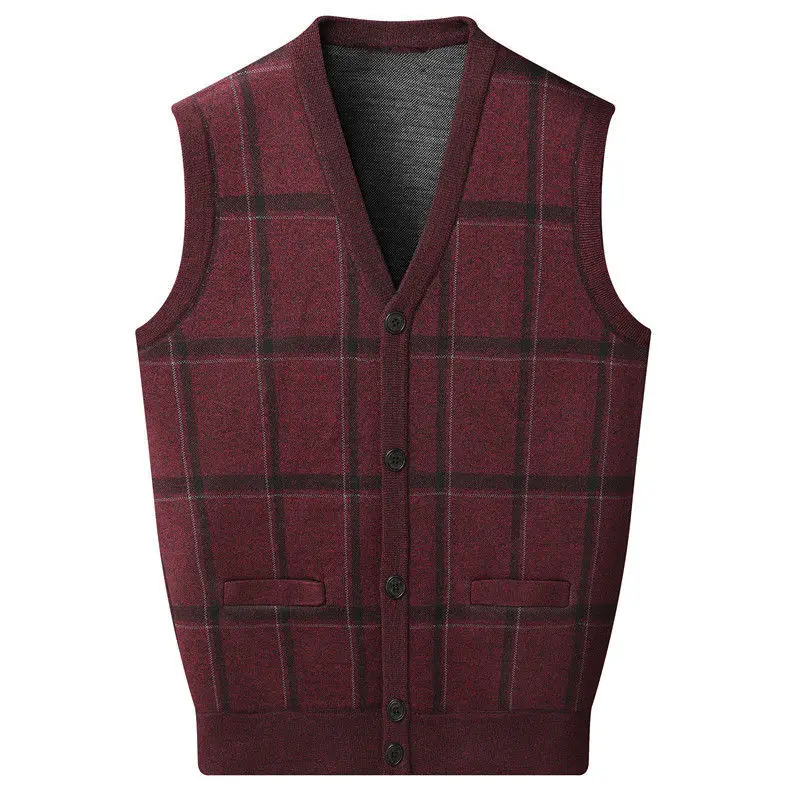 

Daddy Outfit Autumn and Winter New V-Neck Plaid Knit Cardigan Contrast Striped Button Pockets Spliced Fleece Sleeveless Vest