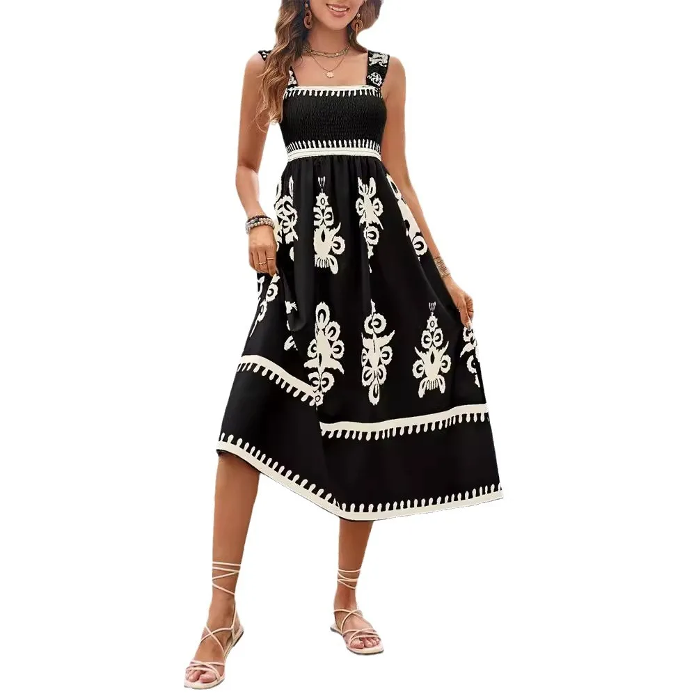 2024 Sexy Halter Beach Holiday Long Dresses Summer Fashion Print Sleeveless Elasticated Chest Simple Boho Casual Midi Dresses