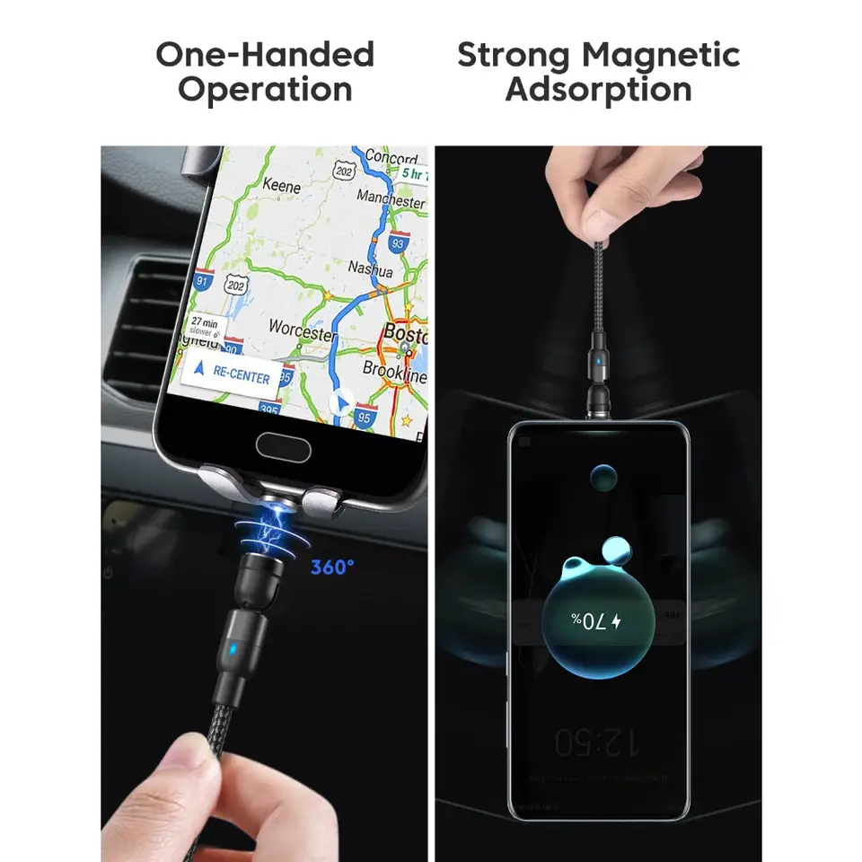 AUFU 540 Rotate Magnetic Type C Cable 3 in 1 Fast Charging Cable For iPhone Xiaomi Samsung Huawei Micro USB Magnet Charge Wire - 5