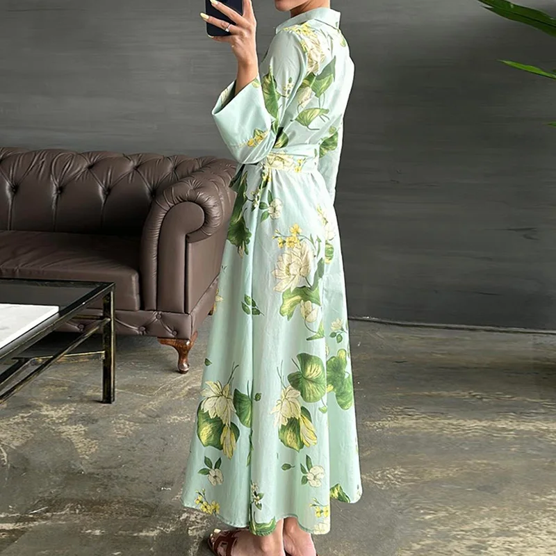 Abito bohémien autunnale a maniche lunghe allacciato Abito lungo casual con stampa floreale moda donna Abito camicia con bottoni colletto rovesciato primaverile