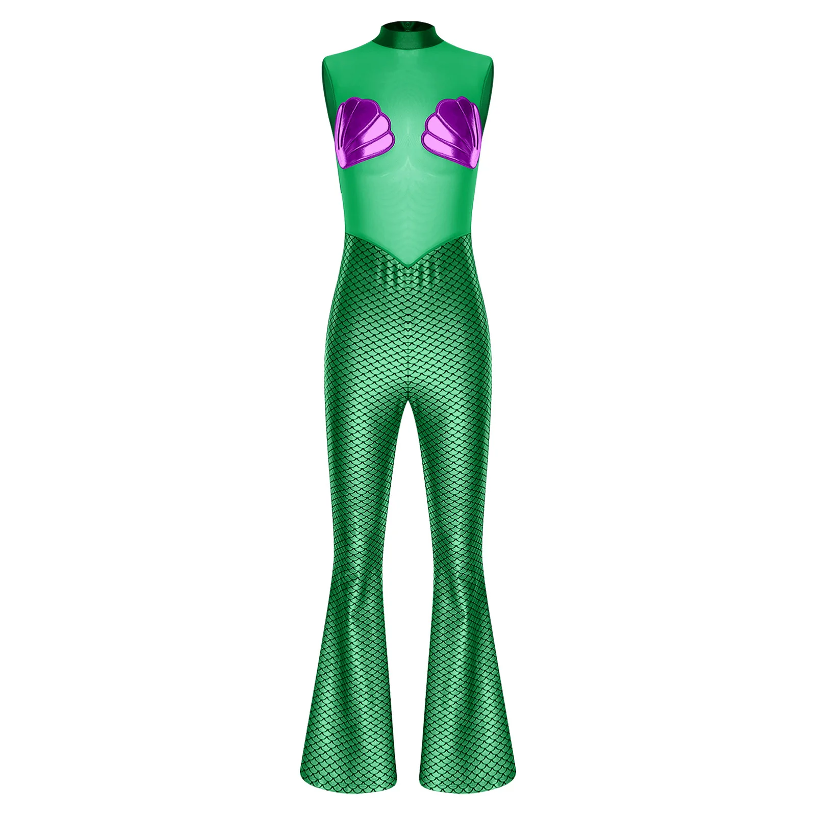 

Women Halloween Mermaid Cosplay Costume Rave Party Dancewear Scallop Cups Sheer Mesh Patchwork Fish Scale Print Jumpsuit Romper