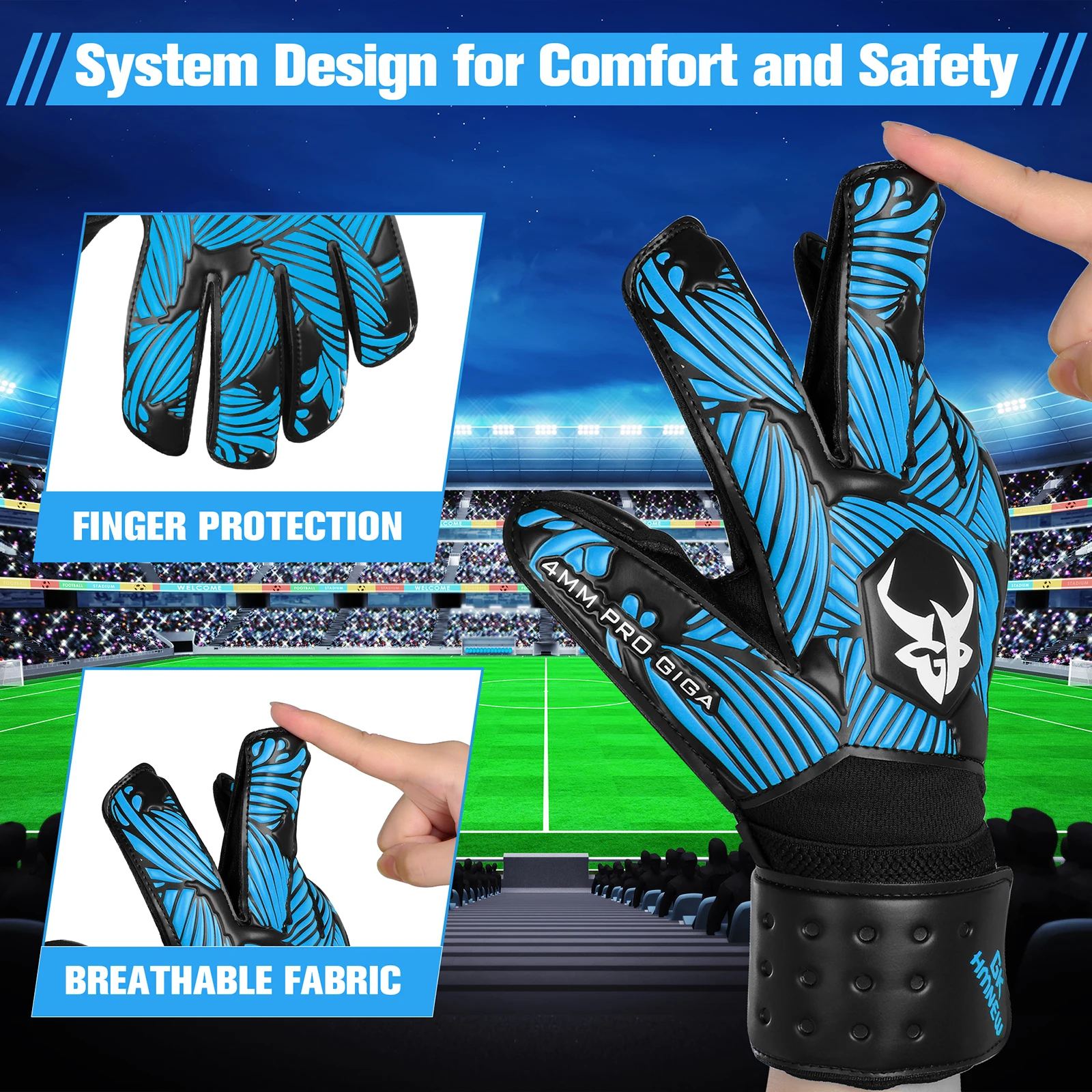 Goalie Goalkeeper Gloves Strong Grip Soccer Gloves with Finger Protect & 4+3MM Latex for Kids Youth and Adult