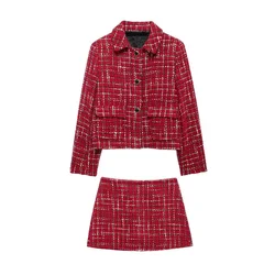 Tangada Women 2024 Fashion Red Plaid Tweed Crop Blazer Coat Vintage Long Sleeve Female Outerwear BE0317