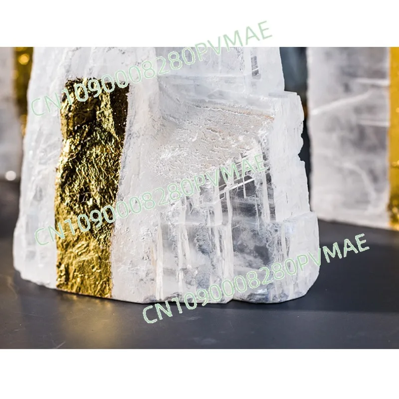 

New Chinese Light Luxury Desktop Mountain Ornament - Natural Spar Gold Foil Decoration for Living Room Porch