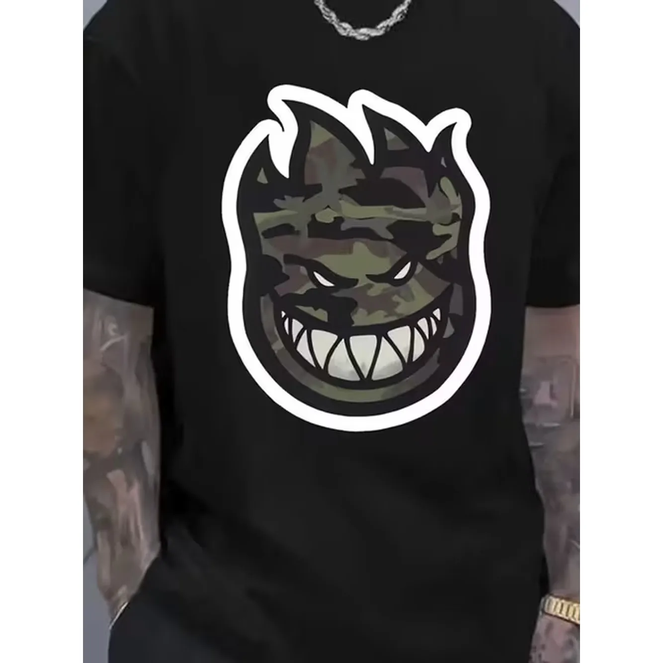 mens plus size black graphic t shirt with evil featuring spiky flame protrusions and camouflage pattern statement piece for lovers
