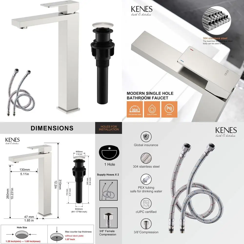 

Single Handle Brushed Nickel Vessel Sink Faucet with Tall Spout, Water Supply Hose & Pop-Up Drain, LJ-9031A