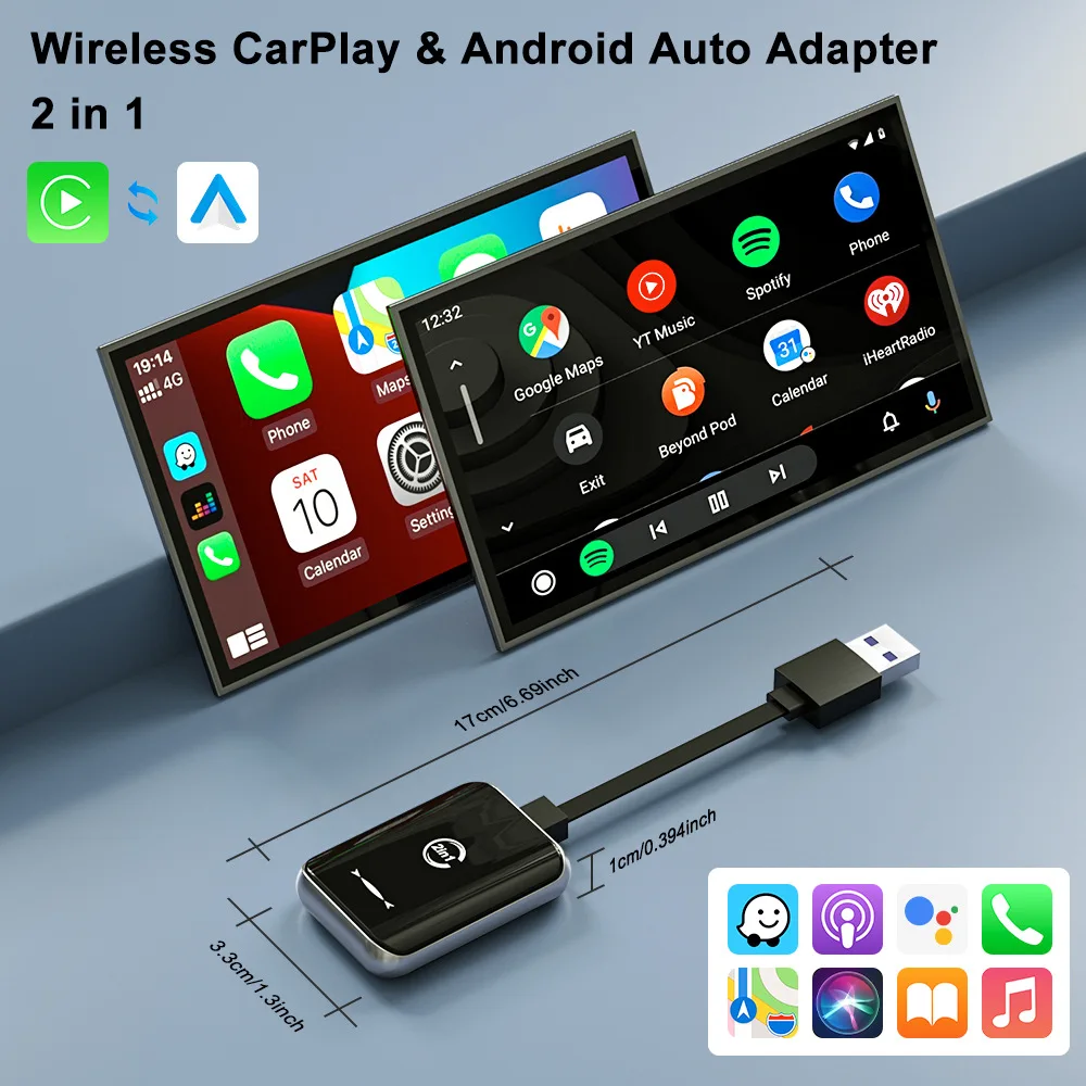 Nowy adapter 2 w 1 Mini Wireless Carplay Android Auto, inteligentny moduł AI do połączeń samochodowych, kompatybilny z większością modeli pojazdów, do samochodów z systemem OEM.