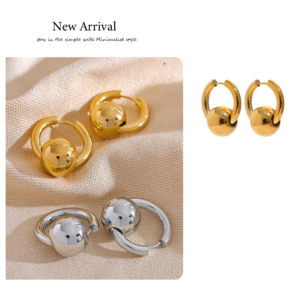 Yhpup 316l Edelstahl Metall Runde Kugel Creolen Wasserdicht 18K Gold PVD Überzogene Textur Mode Charme Schmuck Frauen neue – Detail 11