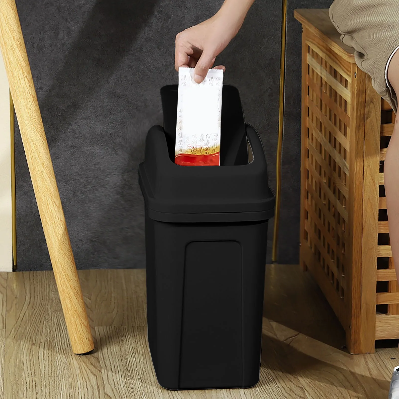 13 Gallon Trash Can Plastic Swing Top Kitchen Garbage Trash Can Black Easy to clean surface Durable polypropylene plastic