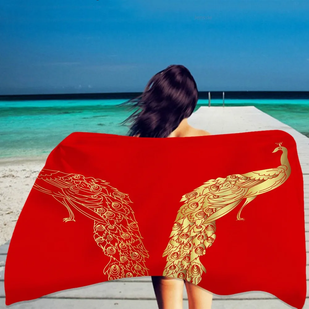 Flavour of The Orient Golden Phoenix Pattern Beach Towel Flowers Quick Dry Bath Towel for Kids Ethnic Style for Kids Sport Towel