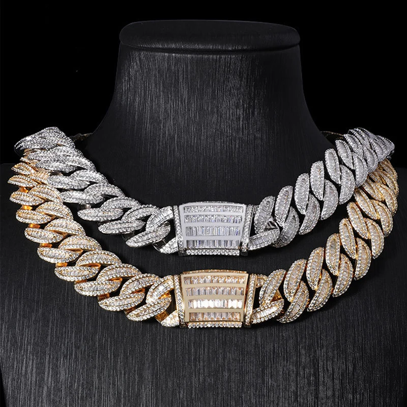 

2024 New Fashion Hip hop Iced Out 19mm Width Zircon Silver Cuban Chain Necklace For Men