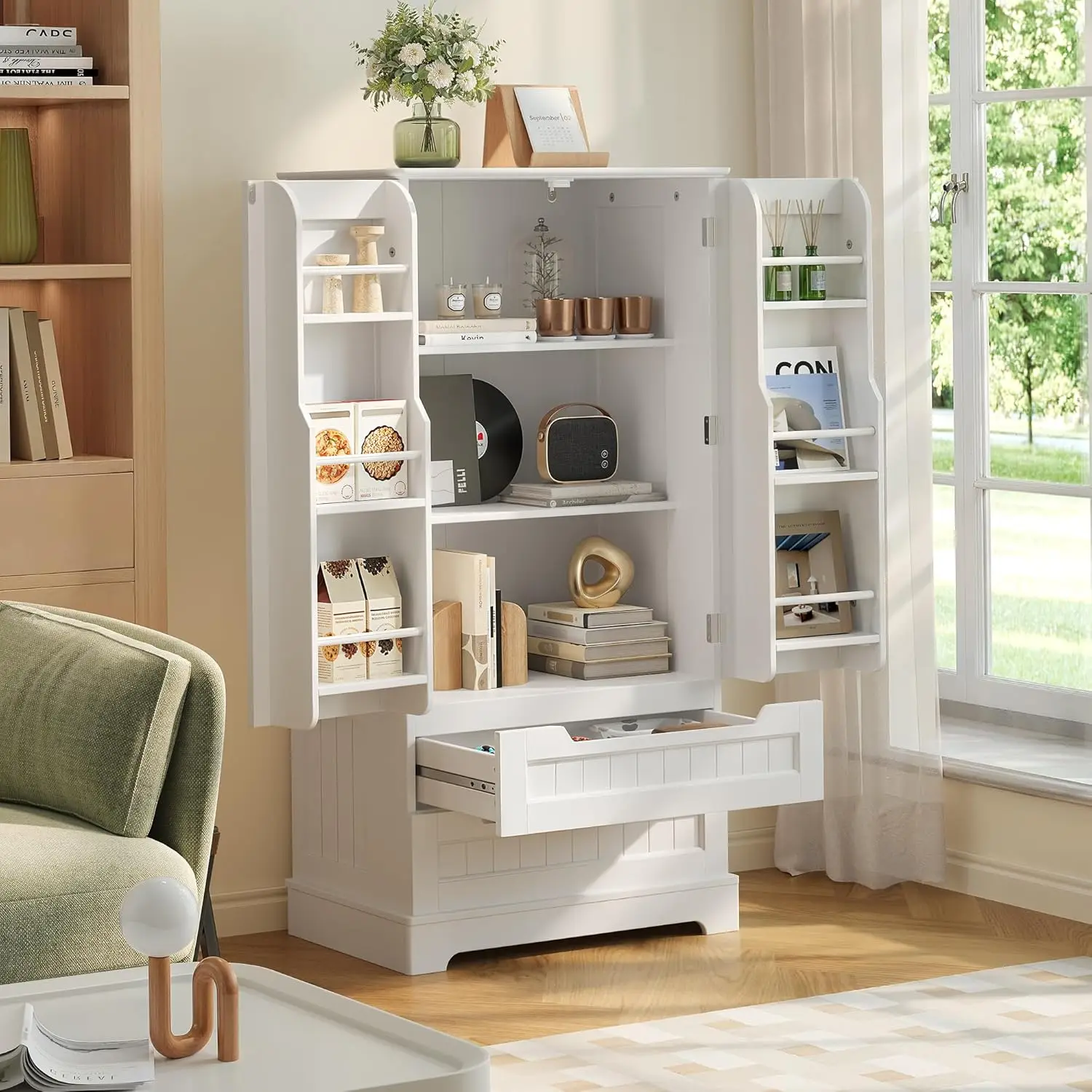 d Küchenvorratsschrank für die Küche, 2 Türen und 2 Schubladen, MDF, elegantes Design – ideal für Küche, Esszimmer, Wohnzimmer –