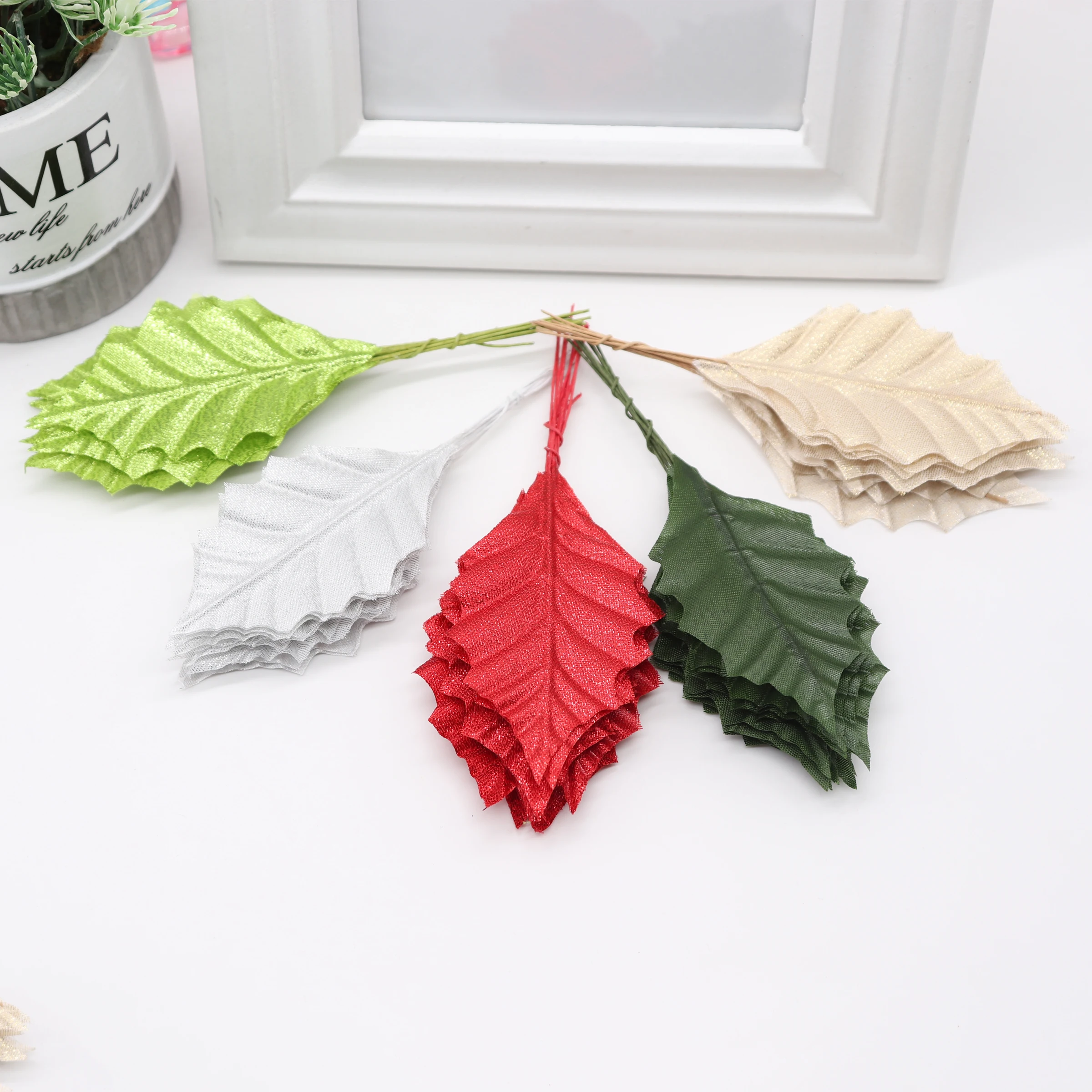 10pcs/lot Artificial Silk Leaf For Wedding Party Decoration DIY Floral Wreath Garland Fake Green Leaf W/Wire Stem Wholesale