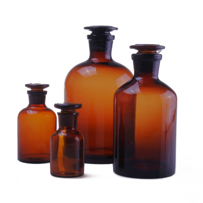 60ml 125ml 250ml 500ml 1000ml Boro Lab Sample Glass Reagent Bottle Narrow Ground Neck Jars Amber Transparent with Glass Stopper