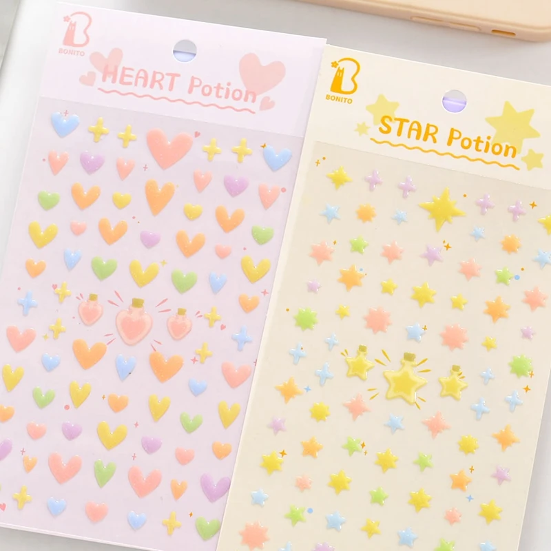 Korean Star Heart Stickers for Children Cute Shinning Epoxy Pink Stickers Junk Journal Album Decoration Card Making DIY Crafts