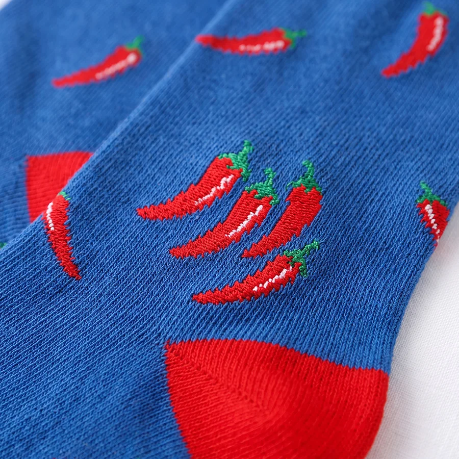 1 Pair of Men's Eye-Catching Blue-Based Hot Red Pepper Ribbed Non-Slip Socks, Lightweight, Sweat-Wicking, Breathable, Creative and Versatile Mid-Calf Socks, Perfect for Autumn and Winter, a Great Creative Gift Option