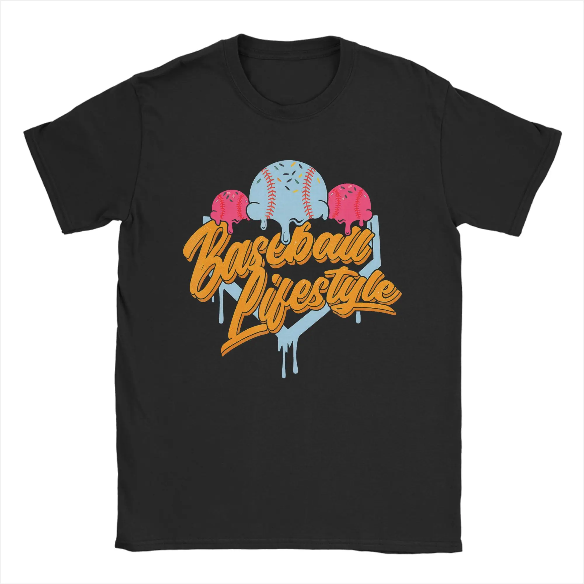 Vintage Baseball Lifestyle Home Plate Ice Cream Drip T-Shirt Men Crew Neck Pure Cotton T Shirt  Short Sleeve Tee Shirt 6XL Tops