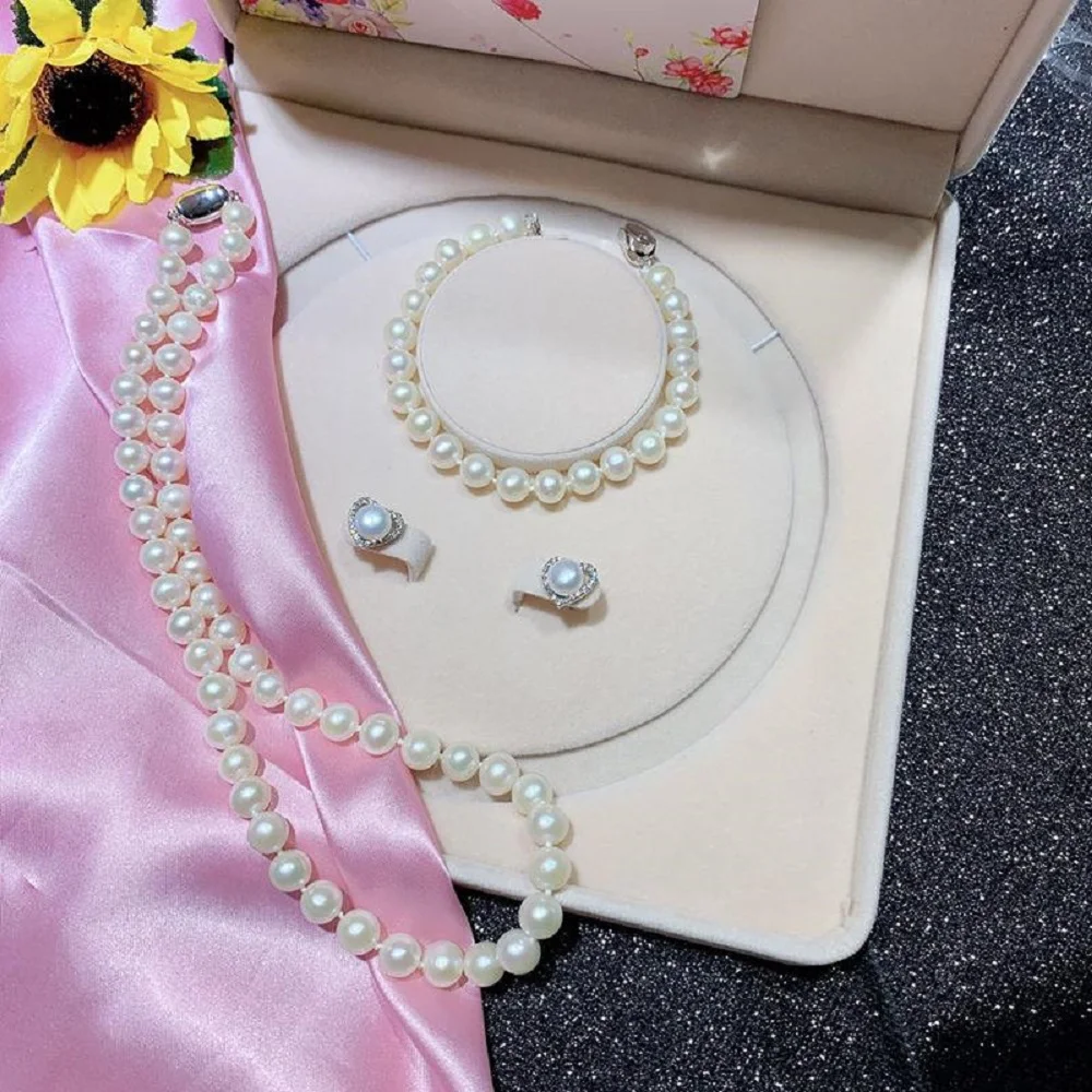 

Natural AAAA8-9mm Pearl Necklace 18in+Bracelet 7.5-8in Earrings 3-Piece Set 925s-
