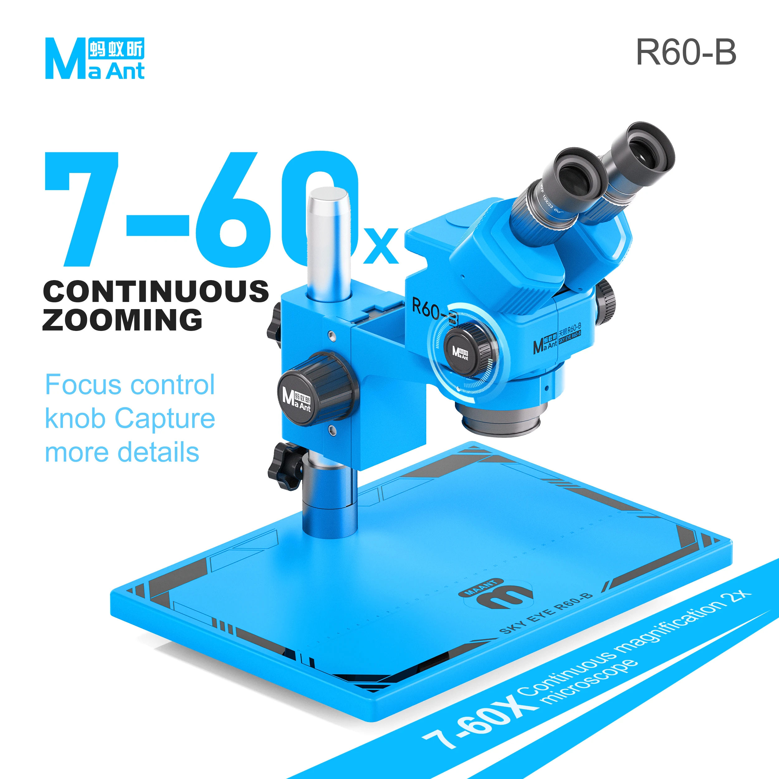 Maant R60-B Sky Eye Two-Dimensional Microscope Binocular Microscope A 7-60X Zoom Microscope for Mobile Phone PCB Repair Tool