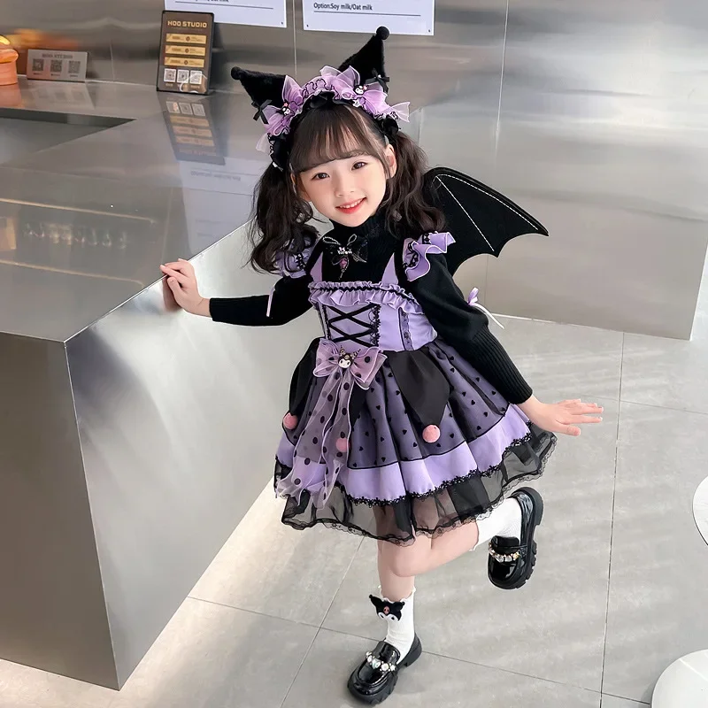 Anime Sanrio Kuromi Hello Kitty Children's Dress CosPlay Academy Style Pleated Skirt Girl Princess Clothes Girl  Birthday Gift