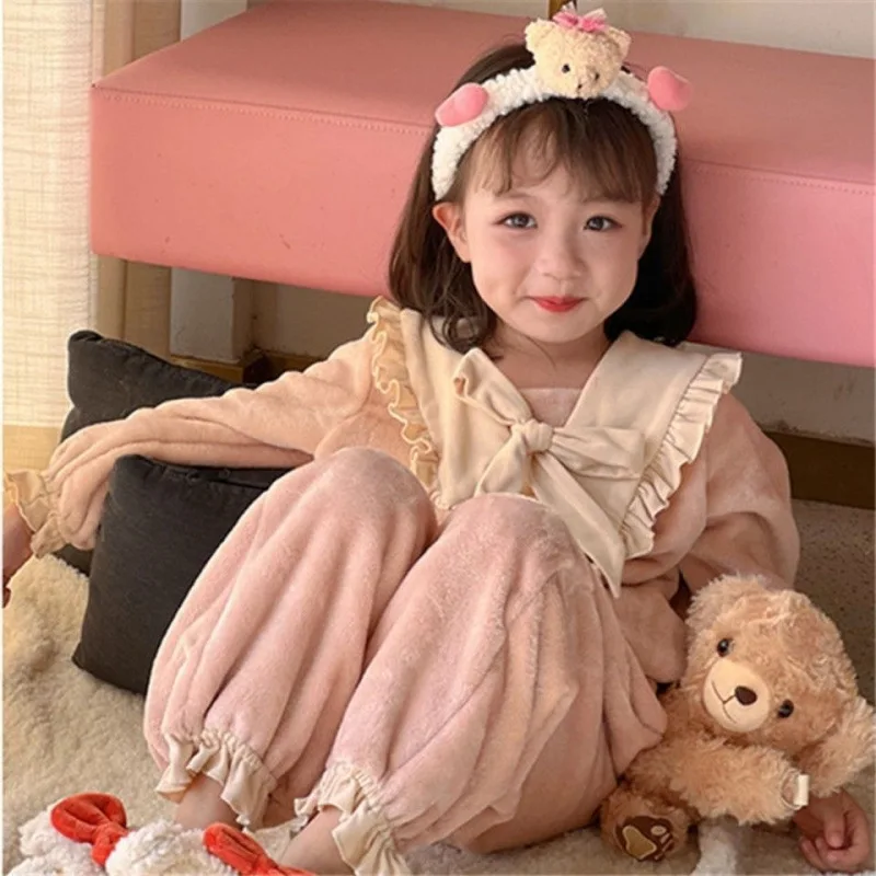 

Autumn Winter Girls' Pajama Set Coral Fleece Loungewear Solid Sleepwear New Fashion Children Clothes Comfortable Princess Style