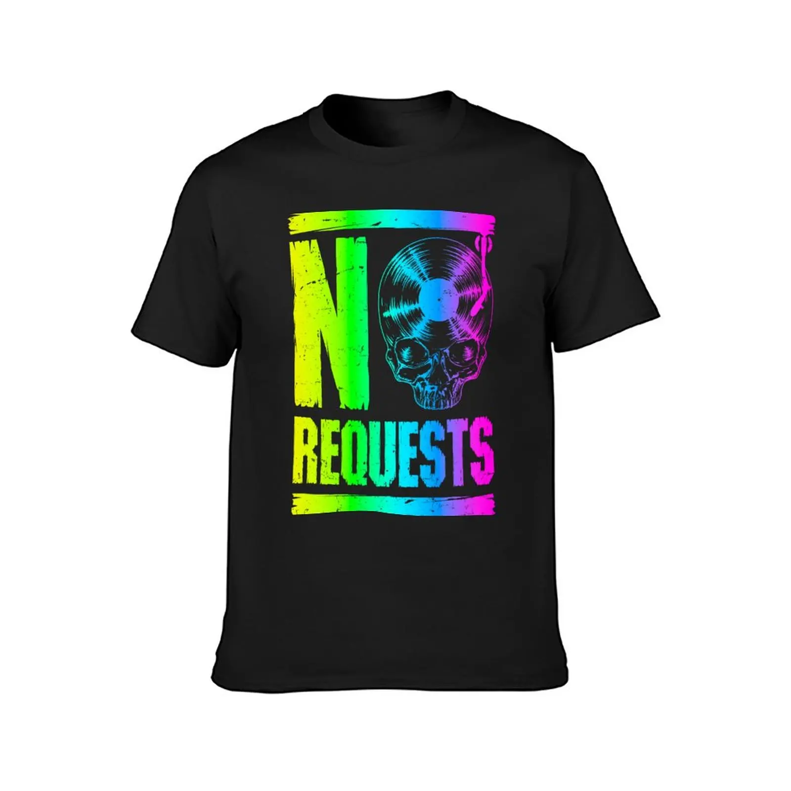 No Requests DJ Turntable Vinyl Record Gothic Skull Rainbow T-Shirt graphics blacks vintage clothes T-shirts for men cotton