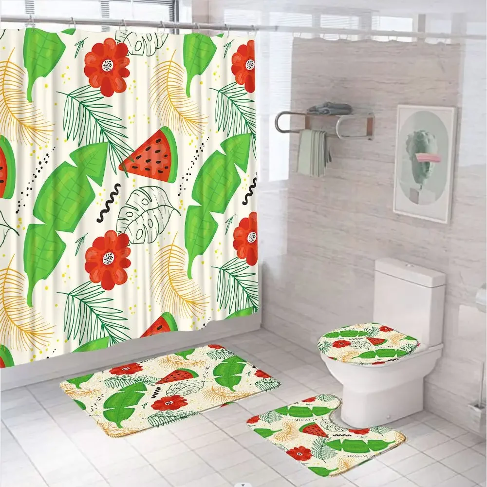 Watercolor Pineapple Tropical Plant Shower Curtain Set Summer Leaves Crab Bathroom Fabric Screen With Rugs Bath Mat Toilet Cover