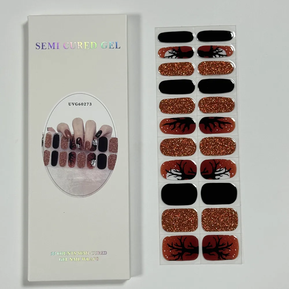 22Tips Christmas Semi-Cured Nail Wraps Simple Color Adhesive Waterproof Long Lasting Gel Nail Stickers for Manicure UV Lamp Need