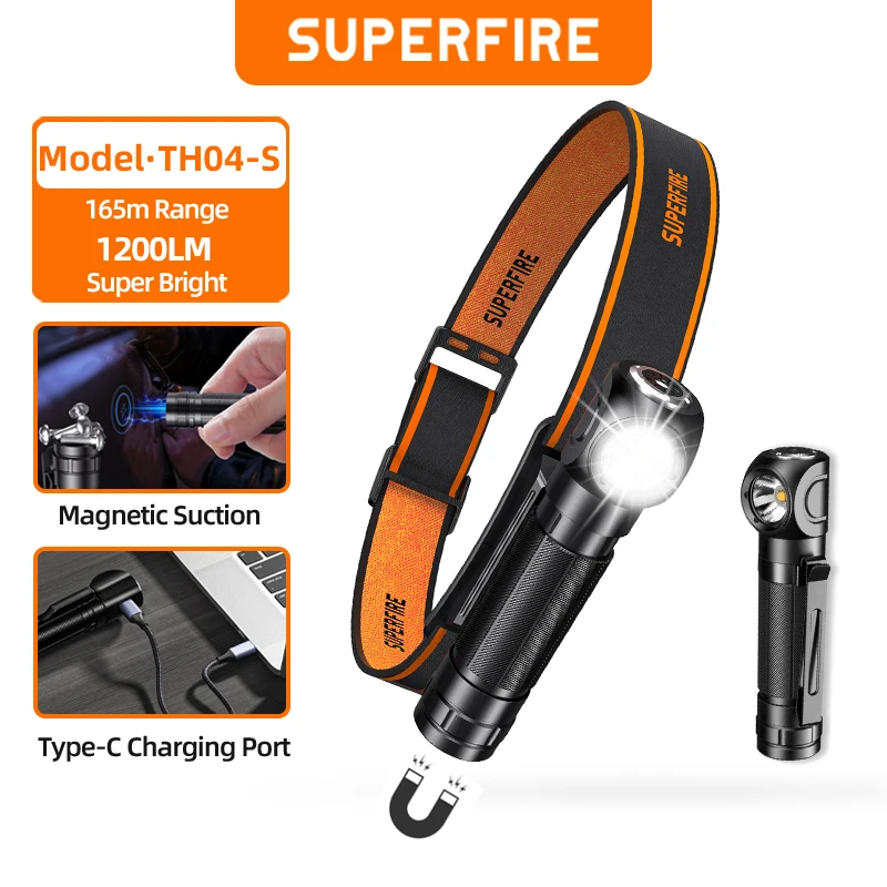 SUPERFIRE Upgraded version TH04-S Headlamp Powerful 1200lm Head Torch USB C Rechargeable Headlight with Magnet Tail Flashlight