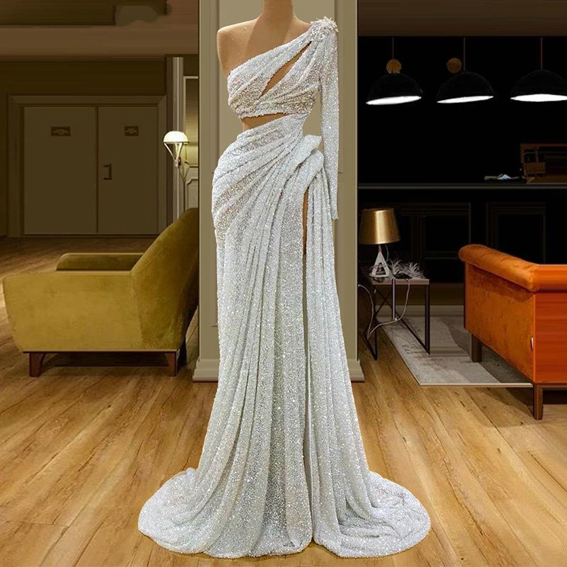 

2024 Elegant Mermaid Prom Dresses One Long Sleeves Beading Occasion Evening Gown Sparkle Sequin High Side Slit Robe De Soirée