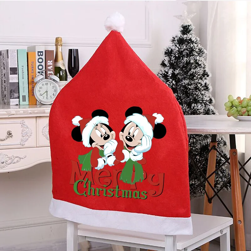 Disney Christmas Chair Covers Mickey Santa Claus Hat Red Non-woven Chair Back Covers Dining Room Xmas New Year Party Decorations