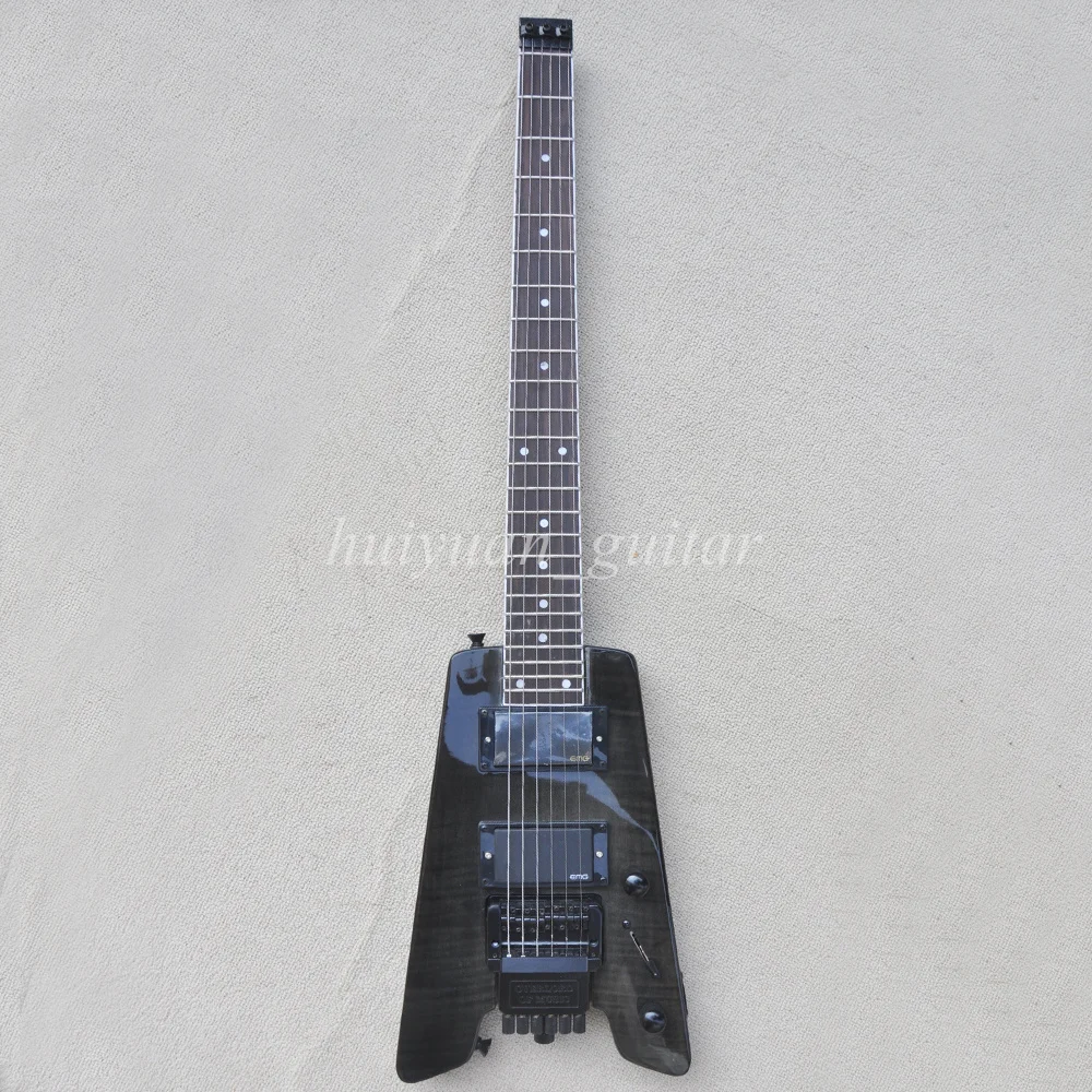 Flyoung 6 Strings Black Headless Floyd Electric Guitar with Flame Maple Veneer Rosewood Fretboard 24 Frets