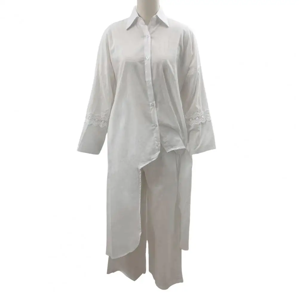 Setelan renda dua potong elegan renda, kemeja pinggang elastis celana panjang untuk wanita blus Hem tidak teratur gaya untuk musim gugur