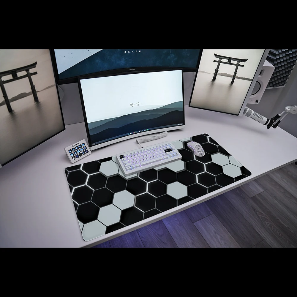 Black Mouse Pad -Hex White | 900x400/800x300 Deskmat  Stitched Edges  Nonslip Rubber Base  Machine Washable Speed and Control