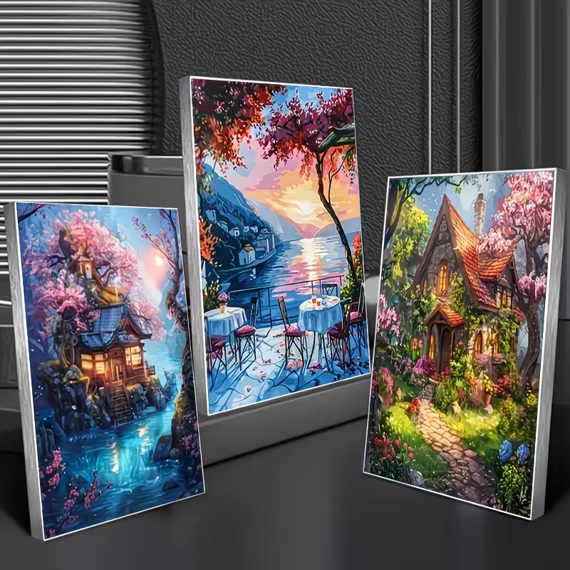 3Pcs DIY Diamond Painting Cross Stitch Fantasy Seasons House Scenery Full Drill Triptych Diamond Art,Mosaic Embroidery,