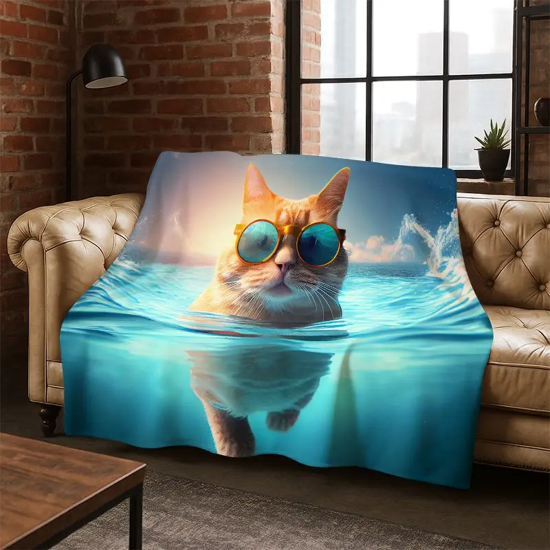 Cute Cat Kitten Cartoon Flannel Blanket Soft Warm Blanket Throw Blanket for Bedroom Living Room Bed Travel Camping Picnic Gift