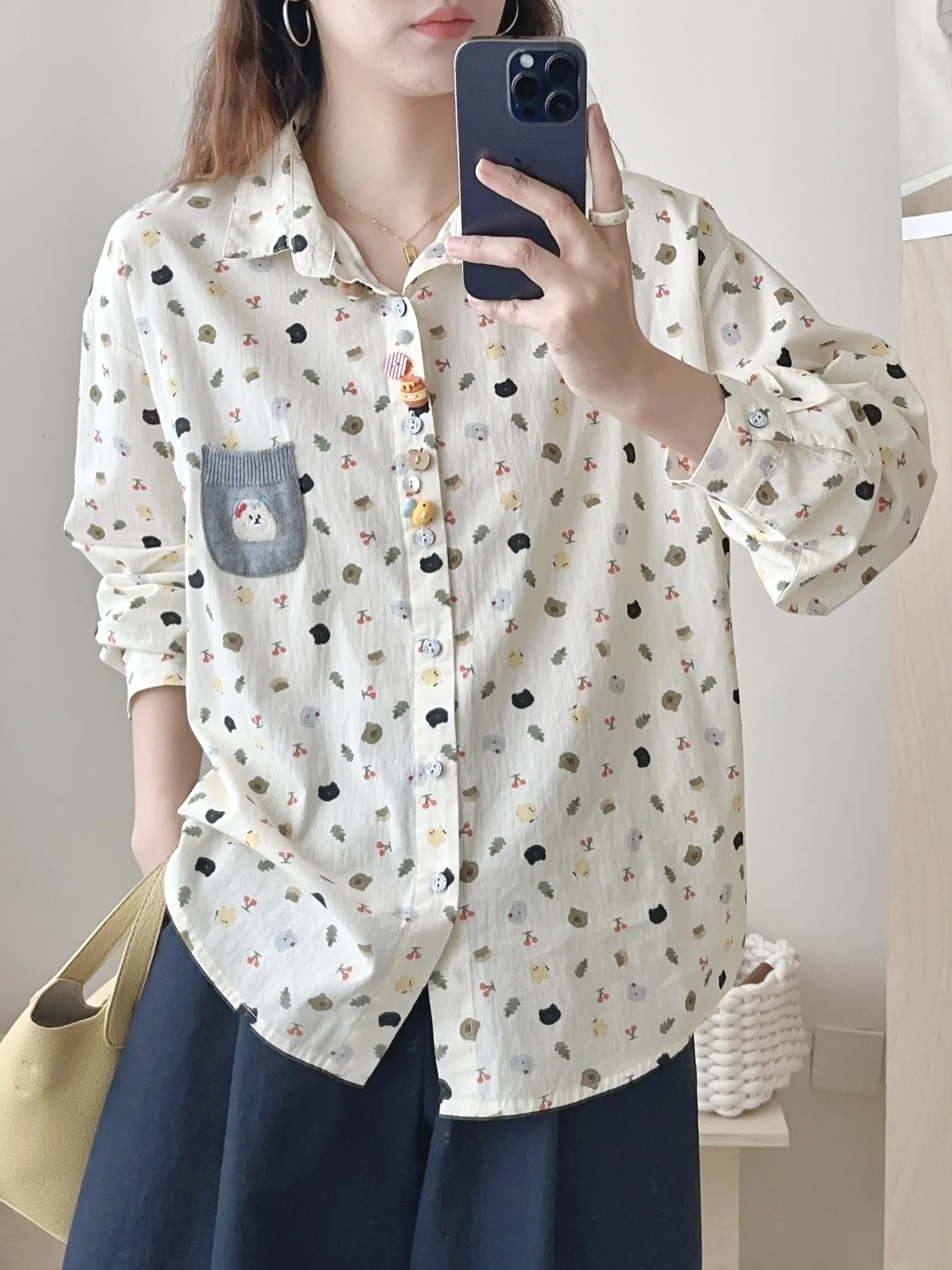 

Japanese Sweet Mori Girl Kawaii Cartoon Printed 100% Cotton Shirts Women Spring Summer Turn Down Collar Long Sleeve Blouse Tops