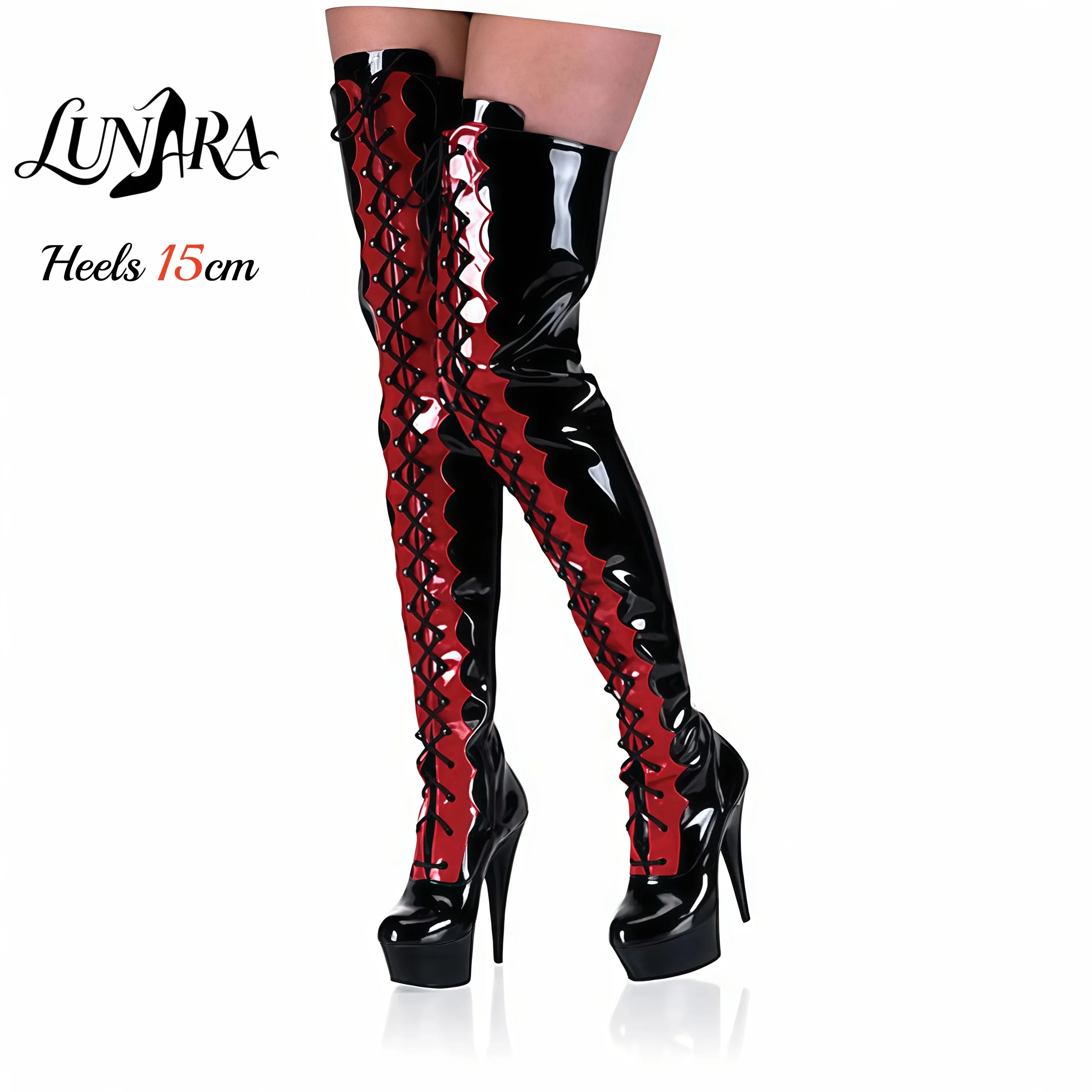 15cm/6 Zoll Schwarze Rote Lack-Plateau-Stiefel mit Hohem Absatz, Overknee-Stiefel mit Schnürung und Seitenreißverschluss, Rutschfeste Gothic Pole Dance Damen Rave Bühnenstiefel
