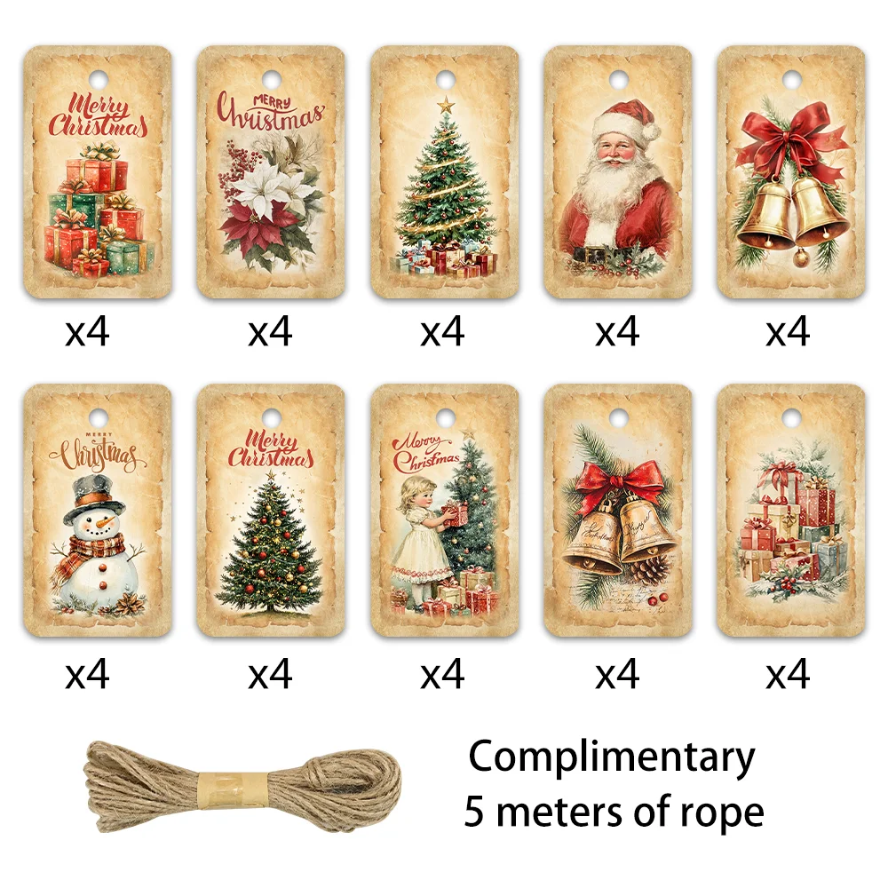 40個、クリスマスタグ、ギフトラベル、パーティーデコレーション、DIY、パッケージ装飾、グリーティングカード、パーティーカード、ジュート紐